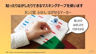 貼ったりはがしたりできるマスキングテープを使います
277
貼ったり
はがしたり
くりかえせる
カンミ堂 ふせん はがせるマーカー
引⽤: https://www.kanmido.co.jp/products/hagaserumarker/
 