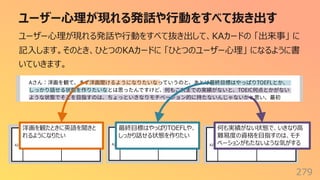 ユーザー⼼理が現れる発話や⾏動をすべて抜き出す
279
ユーザー⼼理が現れる発話や⾏動をすべて抜き出して、KAカードの 「出来事」 に
記⼊します。そのとき、ひとつのKAカードに 「ひとつのユーザー⼼理」 になるように書
いていきます。
何も実績がない状態で、いきなり⾼
難易度の資格を⽬指すのは、モチ
ベーションがもたないような気がする
最終⽬標はやっぱりTOEFLや、
しっかり話せる状態を作りたい
洋画を観たときに英語を聞きと
れるようになりたい
 