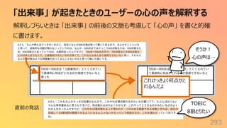 「出来事」 が起きたときのユーザーの⼼の声を解釈する
293
解釈しづらいときは 「出来事」 の前後の⽂脈も考慮して 「⼼の声」 を書くと的確
に書けます。
そうか︕
⼼の声は…
TOEIC
8割とりたい
直前の発話:
これけっきょく何点がと
れるんだよ
 