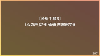 297
【分析⼿順3】
「⼼の声」から「価値」を解釈する
 