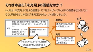 それは本当に「未充⾜」の価値なのか︖
300
いっけん「未充⾜」に⾒える価値も、じつはユーザーになんらかの価値をもたらしてい
ることがあります。本当に「未充⾜」なのか、よく検討しましょう。
本当は中だるみしな
いで勉強したい
ずっとがんばっていると
疲れてしまうので、ちゃ
んと休憩する
未充⾜
充⾜
「中だるみ」はユーザーに価値を
もたらしていないのだろうか︖
 