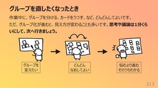 グループを直したくなったとき
313
作業中に、グループを分ける、カードをうつす、など、どんどんしてよいです。
ただ、グループ化が進むと、⾒え⽅が変わることも多いです。思考や議論は1分くら
いにして、次へ⾏きましょう。
グループを
変えたい
どんどん
なおしてよい
悩むより進む
そのうちわかる
 