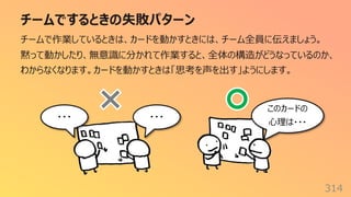 チームでするときの失敗パターン
314
チームで作業しているときは、カードを動かすときには、チーム全員に伝えましょう。
黙って動かしたり、無意識に分かれて作業すると、全体の構造がどうなっているのか、
わからなくなります。カードを動かすときは「思考を声を出す」ようにします。
・・・
・・・
このカードの
⼼理は・・・
 