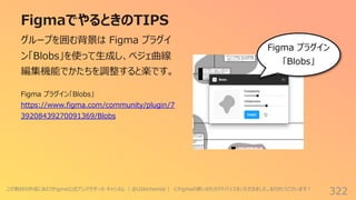 FigmaでやるときのTIPS
322
グループを囲む背景は Figma プラグイ
ン「Blobs」を使って⽣成し、ベジェ曲線
編集機能でかたちを調整すると楽です。
Figma プラグイン
「Blobs」
Figma プラグイン「Blobs」
https://www.figma.com/community/plugin/7
39208439270091369/Blobs
この教材の作成にあたりFigma公式アンバサダーの キャシさん（ @UIAlchemist ） にFigmaの使いかたのアドバイスをいただきました。ありがとうございます︕
 