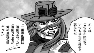 ﹃
一
番
の
近
道
は
遠
回
り
だ
っ
た
﹄
﹃
遠
回
り
こ
そ
が
俺
の
最
短
の
道
だ
っ
た
﹄
オ
レ
は
こ
の
親
和
図
法
で
い
つ
も
最
短
の
近
道
を
試
み
た
が
 