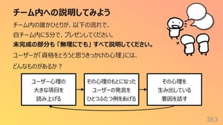 チーム内への説明してみよう
363
チーム内の誰かひとりが、以下の流れで、
⾃チーム内に5分で、プレゼンしてください。
未完成の部分も 「無理にでも」 すべて説明してください。
ユーザーが「資格をとろうと思うきっかけの⼼理」には、
どんなものがあるか︖
ユーザー⼼理の
⼤きな項⽬を
読み上げる
その⼼理のもとになった
ユーザーの発⾔を
ひとつふたつ例をあげる
その⼼理を
⽣み出している
要因を話す
 