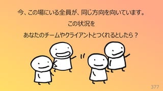 377
今、この場にいる全員が、同じ⽅向を向いています。
この状況を
あなたのチームやクライアントとつくれるとしたら︖
 