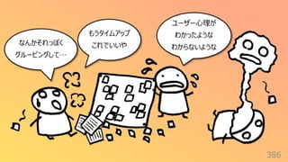 386
ユーザー⼼理が
わかったような
わからないような
もうタイムアップ
これでいいや
なんかそれっぽく
グルーピングして…
 