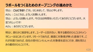 ラポールをつくるためのオープニングの進めかた
428
⽻⼭︓こんにちは! どうも、はじめまして、⽻⼭と申します。
Aさん︓こんにちは。よろしくお願いします。
⽻⼭︓よろしくお願いします。今⽇はお時間をいただいてありがとうございます。⼤
変うれしいです!
Aさん︓ありがとうございます。
明るく、朗らかに挨拶をします。ユーザーと⽬が合い、発する最初のひとことからイン
タビューははじまっています。リモートであれば、画⾯に対象者が映った直後です。こ
れが対⾯であれば、⾃社の受付にいらっしゃった対象者を迎えに⾏き、顔を⾒たと
きの最初のひとことです。
 