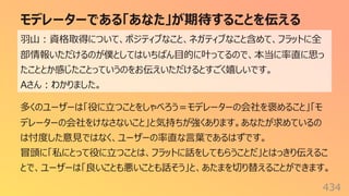モデレーターである「あなた」が期待することを伝える
434
⽻⼭︓資格取得について、ポジティブなこと、ネガティブなこと含めて、フラットに全
部情報いただけるのが僕としてはいちばん⽬的に叶ってるので、本当に率直に思っ
たこととか感じたことっていうのをお伝えいただけるとすごく嬉しいです。
Aさん︓わかりました。
多くのユーザーは「役に⽴つことをしゃべろう＝モデレーターの会社を褒めること」「モ
デレーターの会社をけなさないこと」と気持ちが強くあります。あなたが求めているの
は忖度した意⾒ではなく、ユーザーの率直な⾔葉であるはずです。
冒頭に「私にとって役に⽴つことは、フラットに話をしてもらうことだ」とはっきり伝えるこ
とで、ユーザーは「良いことも悪いことも話そう」と、あたまを切り替えることができます。
 