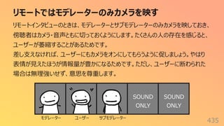 リモートではモデレーターのみカメラを映す
435
リモートインタビューのときは、モデレーターとサブモデレーターのみカメラを映しておき、
傍聴者はカメラ・⾳声ともに切っておくようにします。たくさんの⼈の存在を感じると、
ユーザーが萎縮することがあるためです。
差し⽀えなければ、ユーザーにもカメラをオンにしてもらうように促しましょう。やはり
表情が⾒えたほうが情報量が豊かになるためです。ただし、ユーザーに断わられた
場合は無理強いせず、意思を尊重します。
SOUND
ONLY
SOUND
ONLY
モデレーター ユーザー サブモデレーター
 
