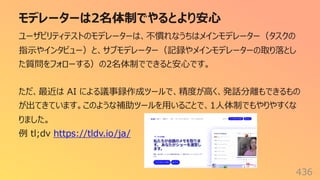 モデレーターは2名体制でやるとより安⼼
436
ユーザビリティテストのモデレーターは、不慣れなうちはメインモデレーター（タスクの
指⽰やインタビュー）と、サブモデレーター（記録やメインモデレーターの取り落とし
た質問をフォローする）の2名体制でできると安⼼です。
ただ、最近は AI による議事録作成ツールで、精度が⾼く、発話分離もできるもの
が出てきています。このような補助ツールを⽤いることで、1⼈体制でもやりやすくな
りました。
例 tl;dv https://tldv.io/ja/
 