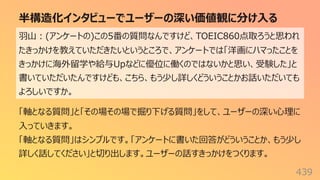 半構造化インタビューでユーザーの深い価値観に分け⼊る
439
⽻⼭︓(アンケートの)この5番の質問なんですけど、TOEIC860点取ろうと思われ
たきっかけを教えていただきたいというところで、アンケートでは「洋画にハマったことを
きっかけに海外留学や給与Upなどに優位に働くのではないかと思い、受験した」と
書いていただいたんですけども、こちら、もう少し詳しくどういうことかお話いただいても
よろしいですか。
「軸となる質問」と「その場その場で掘り下げる質問」をして、ユーザーの深い⼼理に
⼊っていきます。
「軸となる質問」はシンプルです。「アンケートに書いた回答がどういうことか、もう少し
詳しく話してください」と切り出します。ユーザーの話すきっかけをつくります。
 