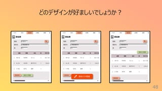 部品表
検査装置本体
製品名
1
数
部品追加
マスタ 部品表 ⼯程表
受注 実績
部品マスタ登録
123-1
製番
部品表
検査装置本体
製品名
1
数
部品追加
マスタ 部品表 ⼯程表
受注 実績
部品マスタ登録
123-1
製番
部品表
検査装置本体
製品名
1
数
部品追加
マスタ 部品表 ⼯程表
受注 実績
部品マスタ登録
123-1
製番
48
どのデザインが好ましいでしょうか︖
品番 図番 品名 数 形式⼨法
1 HO-25 M2056 フレーム 1 SU-1 40
2 AL-26 M2038 端⼦ボックス 1 120x15
3 C-556 A076 底板 1
品番 図番 品名 数 形式⼨法
1 HO-25 M2056 フレーム 1 SU-1 40
2 AL-26 M2038 端⼦ボックス 1 120x15
3 C-556 A076 底板 1
品番 図番 品名 数 形式⼨法
1 HO-25 M2056 フレーム 1 SU-1 40
2 AL-26 M2038 端⼦ボックス 1 120x15
3 C-556 A076 底板 1
 