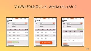 部品表
検査装置本体
製品名
1
数
部品追加
マスタ 部品表 ⼯程表
受注 実績
部品マスタ登録
123-1
製番
部品表
検査装置本体
製品名
1
数
部品追加
マスタ 部品表 ⼯程表
受注 実績
部品マスタ登録
123-1
製番
部品表
検査装置本体
製品名
1
数
部品追加
マスタ 部品表 ⼯程表
受注 実績
部品マスタ登録
123-1
製番
49
プロダクトだけを⾒ていて、わかるのでしょうか︖
品番 図番 品名 数 形式⼨法
1 HO-25 M2056 フレーム 1 SU-1 40
2 AL-26 M2038 端⼦ボックス 1 120x15
3 C-556 A076 底板 1
品番 図番 品名 数 形式⼨法
1 HO-25 M2056 フレーム 1 SU-1 40
2 AL-26 M2038 端⼦ボックス 1 120x15
3 C-556 A076 底板 1
品番 図番 品名 数 形式⼨法
1 HO-25 M2056 フレーム 1 SU-1 40
2 AL-26 M2038 端⼦ボックス 1 120x15
3 C-556 A076 底板 1
 