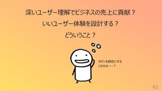 62
深いユーザー理解でビジネスの売上に貢献︖
いいユーザー体験を設計する︖
どういうこと︖
ボタンを緑⾊にする
とかかな・・・︖
 