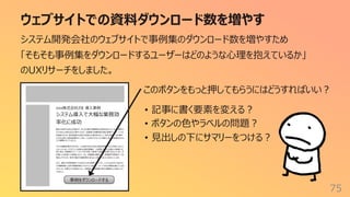 ウェブサイトでの資料ダウンロード数を増やす
75
システム開発会社のウェブサイトで事例集のダウンロード数を増やすため
「そもそも事例集をダウンロードするユーザーはどのような⼼理を抱えているか」
のUXリサーチをしました。
事例をダウンロードする
このボタンをもっと押してもらうにはどうすればいい︖
xxx株式会社さま 導⼊事例
システム導⼊で⼤幅な業務効
率化に成功
働き⽅改⾰や法改正が進む中、多くの企業が労働環境の改善を迫られています。業界⼤
⼿であるxxx株式会社も例外ではなく、従業員の労働時間の適正管理やペーパーレス化
を推進するため、勤怠管理の仕組みを⾒直す必要がありました。同社は⻑年、⼿作業や
エクセルを使った勤怠管理を⾏っており、ミスが⽣じやすいことや集計に多⼤な時間がかかる
ことが課題となっていました。
これらの課題を解決するために、xxx株式会社は当社の勤怠管理システムを導⼊しました。
このシステムは、クラウド上で全拠点の勤怠情報を⼀元管理できることが最⼤の特徴です。
導⼊後は、従業員がスマートフォンやPCを使って簡単に出退勤を記録できるようになり、⼿
作業による記録ミスが激減しました。また、⾃動集計機能により、経理部⾨が勤怠データを
集約しやすくなり、毎⽉の集計作業時間を50%以上削減することに成功しています。
さらに、働き⽅改⾰関連法への対応も⼤きな成果の⼀つです。システムは法令で定められ
た労働時間の上限や残業時間をリアルタイムで監視し、アラートを出す機能を備えています。
これにより、労務リスクの低減とともに、従業員の健康管理に関する意識向上も図ることが
できました。
• 記事に書く要素を変える︖
• ボタンの⾊やラベルの問題︖
• ⾒出しの下にサマリーをつける︖
 