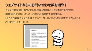 ウェブサイトからのお問い合わせ数を増やす
81
システム開発会社のウェブサイトの製品紹介ページはカタログそのまま。
機能紹介に終始していた。お問い合わせ数を増やすため
「そもそも業務システムを導⼊するユーザーはどのような⼼理を抱えているか」
のUXリサーチをしました。
機能紹介
1. 出退勤記録の多様な⼊⼒⽅法
スマートフォン、PC、タブレット、専⽤端末など、従業員の環境に応じた柔軟
な⼊⼒⽅法を提供します。ICカードや顔認証との連携も可能で、不正防⽌
や利便性を向上します。
2. 労働時間の⾃動集計
残業時間、休⽇出勤、休暇などのデータを⾃動で集計し、管理者や経理担
当者の負担を⼤幅に軽減します。⽉次報告書や給与計算に必要なデータ
もワンクリックで出⼒可能です。
3. アラート機能で法令遵守を⽀援
残業時間の超過や休憩未取得など、法令違反のリスクを未然に防ぐアラー
ト機能を搭載。管理者に即時通知が送られ、迅速な対応を促します。
4. フレックスタイムやシフト管理対応
フレックスタイム制、変形労働時間制、シフト勤務など、さまざまな勤務形態
に柔軟に対応。シフト作成機能は、スムーズなシフト調整をサポートします。
5. 健康管理機能との連携
勤怠データを基に、従業員の過重労働や休暇取得状況を分析し、健康リス
クの早期発⾒を⽀援します。
 