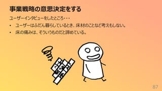事業戦略の意思決定をする
87
ユーザーインタビューをしたところ・・・
• ユーザーはふだん暮らしているとき、床材のことなど考えもしない。
• 床の痛みは、そういうものだと諦めている。
 
