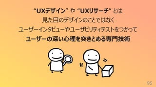 95
“UXデザイン” や “UXリサーチ” とは
⾒た⽬のデザインのことではなく
ユーザーインタビューやユーザビリティテストをつかって
ユーザーの深い⼼理を突きとめる専⾨技術
 