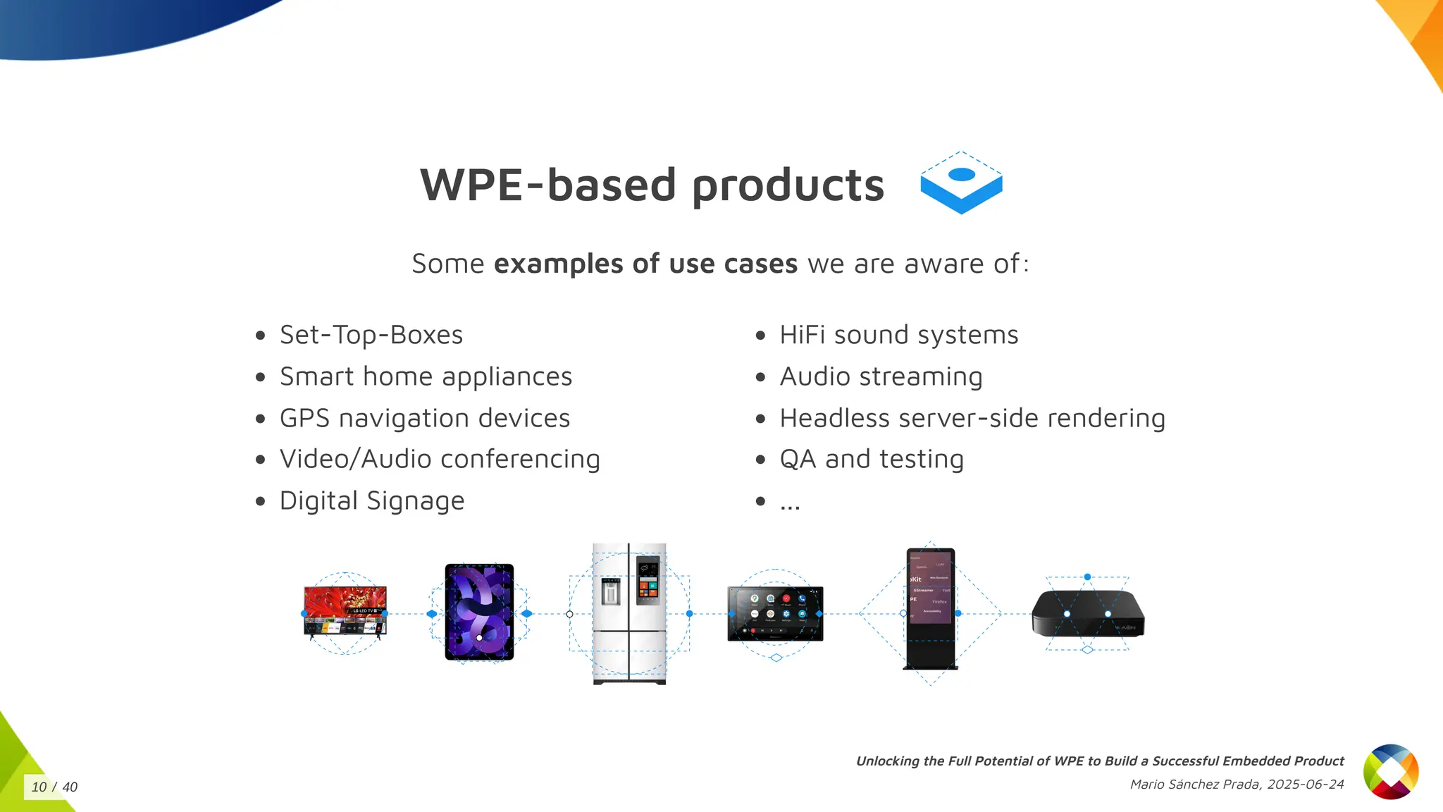 WPE-based products
Some examples of use cases we are aware of:
Set-Top-Boxes
Smart home appliances
GPS navigation devices
Video/Audio conferencing
Digital Signage
HiFi sound systems
Audio streaming
Headless server-side rendering
QA and testing
...
Unlocking the Full Potential of WPE to Build a Successful Embedded Product
Mario Sánchez Prada, 2025-06-24
10 / 40
 