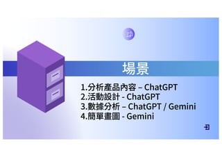 場景
1.分析產品內容 ‒ ChatGPT
2.活動設計 - ChatGPT
3.數據分析 ‒ ChatGPT / Gemini
4.簡單畫圖 - Gemini
 