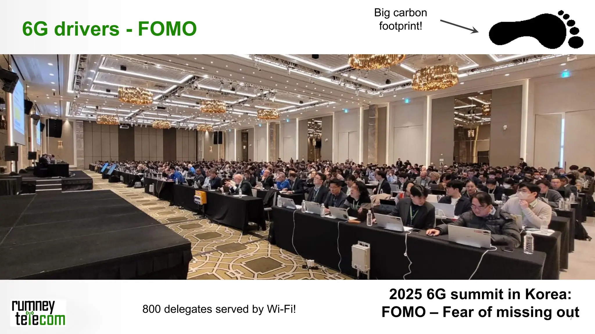 7
6G drivers - FOMO
2025 6G summit in Korea:
FOMO – Fear of missing out
800 delegates served by Wi-Fi!
Big carbon
footprint!
 