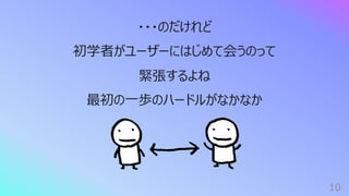 10
・・・のだけれど
初学者がユーザーにはじめて会うのって
緊張するよね
最初の⼀歩のハードルがなかなか
 