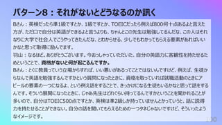 パターン8︓それがないとどうなるのか訊く
100
Bさん︓英検だったら準1級ですとか、1級ですとか、TOEICだったら例えば800何⼗点あるよと⾔えた
⽅が、ただ⼝で⾃分は英語ができるよと⾔うよりも、ちゃんとこの先⽣は勉強してるんだな、この⼈はそれ
なりに⼤学で社会⼈でこうやってきたんだな、とわからせる、少しでもわかってもらえる要素があればいい
かなと思って取得に励んでます。
⽻⼭︓なるほど。ありがとうございます。今おっしゃっていただいた、⾃分の英語⼒に客観性を持たせるた
めということで、資格がないと何が起こるんですか。
Bさん︓とくに教員っていう⽴場からすれば、いい悪いがあるってことではないんですけど、例えば、⽣徒か
らなんで英語を勉強するんですかという質問になったときに、資格を取っていれば就職活動のときにア
ピールの要素の⼀つになるよ、という例え話をすることで、きっかけになる⽣徒もいるかなと思って話をする
んです。そういう展開になったときに、じゃあ先⽣はどれぐらい持ってるんですかということを聞かれることが
多いので、⾃分はTOEIC500点ですとか、英検は準2級しか持っていませんとかっていうと、話に説得
⼒を持たせることができない。⾃分の話を聞いてもらえるための⼀つタネじゃないですけど、そういったよう
なイメージです。
 