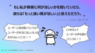 23
註: フォードはこの発⾔をしていない、という説もある。
もし私が顧客に何がほしいかを聞いていたら、
彼らは「もっと速い⾺がほしい」と答えただろう。
ヘンリー・フォード（註）
“
”
ユーザーに話を聞いていては
ユーザーが本当にほしいモノは
わからないってコト︕︖
じゃあなんで
ユーザーの声を聞け
っていうの︕︖
 