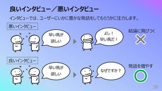 良いインタビュー／悪いインタビュー
36
インタビューでは、ユーザーにいかに豊かな発話をしてもらうかに注⼒します。
悪いインタビュー
良いインタビュー
早い⾺が
欲しい
よし︕
早い⾺だ︕
なぜですか︖
結論に⾶びつく
発話を増やす
早い⾺が
欲しい
 