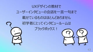 43
UXデザインの教材で
ユーザーインタビューの会話を⼀⾔⼀句まで
載せているものはほとんどありません
初学者にとってインタビュールームは
ブラックボックス︕
 