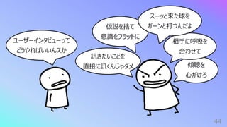 訊きたいことを
直接に訊くんじゃダメ
44
仮説を捨て
意識をフラットに
ユーザーインタビューって
どうやればいいんスか
傾聴を
⼼がけろ
相⼿に呼吸を
合わせて
スーッと来た球を
ガーンと打つんだよ
 