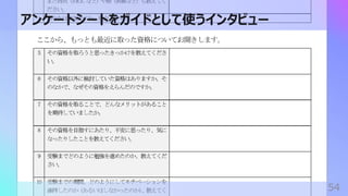 アンケートシートをガイドとして使うインタビュー
54
 