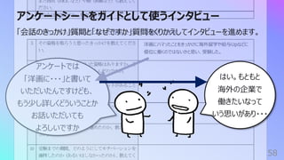 洋画にハマったことをきっかけに海外留学や給与Upなどに
優位に働くのではないかと思い、受験した。
アンケートでは
「洋画に・・・」と書いて
いただいたんですけども、
もう少し詳しくどういうことか
お話いただいても
よろしいですか
アンケートシートをガイドとして使うインタビュー
58
「会話のきっかけ」質問と「なぜですか」質問をくりかえしてインタビューを進めます。
はい。もともと
海外の企業で
働きたいなって
いう思いがあり・・・
 