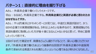 パターン1︓直接的に理由を掘り下げる
80
Aさん︓外資系企業で働くっていうイメージです。
⽻⼭︓なるほど。外資系企業ですね。外資系企業だと英語が必要と思われたの
はなぜなんですか。
Aさん︓やっぱり楽天とかマッキンゼーとか⾒てると、中途だと英語が話せて、かつ、
ほかの企業での実務経験がある。5年以上みたいな条件なので、実務経験よりも
英語を最初に取得しといた⽅が後々楽になるんじゃないかなと思って、早めに習得
したっていう形です。
1回の「なぜ」で満⾜せず、背景をどんどん掘り下げることで、深い⼼理にたどりつけ
ます。「外資系企業で働くため」という抽象的な回答が「外資系企業の中途採⽤
条件で求められる英語スキルを満たしたい」という⼼理であると明らかになりました。
 