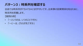 パターン3︓時系列を確認する
84
会話では時系列がぐちゃぐちゃになりやすいです。出来事の因果関係を知るために、
時系列を把握します。
【質問の例】
• 「〜というのは、いつのことですか」
• 「〜と〜は、どちらが先ですか」
 