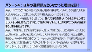 パターン4︓ほかの選択肢をとらなかった理由を訊く
89
Aさん︓リスニングはもう本当にぜんぜん壊滅的状態だったので、そこを強化したら
⼤丈夫なのかなって思ったのがこう判断したきっかけになりますね。
⽻⼭︓リスニングを強化すると⾔っても、強化できる⾃信というのをなかなか持て
ない⼈もいると思うんですけど、ご⾃⾝はなぜそれ、5カ⽉でリスニングが強化で
きると思われたんですか。
Aさん︓TOEFLはまずそれはできないと思い、TOEICはけっこう周りの⼈だったりと
かが取ってる⼈が多いものだったので、なんかやりやすいなって感じ。なんか最初は
取ろうと、ハードルが低く感じていて、ネットとかの記事を⾒て半年で何点取れます
みたいなものに影響されて、たぶん3カ⽉ぐらいでいける⽅法みたいな記事を⾒て、
これならいけるなと思い、これぐらいの⽬標設定にしたっていう形。
 