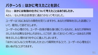 パターン5︓ほかに考えたことを訊く
91
⽻⼭︓ほかには勉強の仕⽅について考えたことはありましたか。
Aさん︓なんか英会話教室に通おうかなって考えました。
ユーザーはつねにあなたの顔⾊を⾒ていますから、あなたが興味を⽰した話題につ
いて、優先して話そうとします。
ユーザーの⼼理のうち、ユーザー⾃⾝が最も強く感じているものと、あなたが興味を
⽰したものは異なるかもしれません。ところが、放っておくとインタビューはあなたが興
味を⽰した⼼理のほうを中⼼に進んでしまいます。
「ほかにはどんなことを考えましたか」という質問をすることで、ユーザーの⼼理を広く
拾いあげることができます。
 