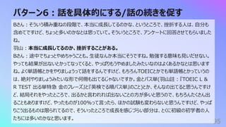 パターン6︓話を具体的にする/話の続きを促す
95
Bさん︓そういう積み重ねの段階で、本当に成⻑してるのかな、というところで、挫折する⼈は、⾃分も
含めてですけど、ちょっと多いのかなとは思っていて。そういうところで、アンケートに回答させてもらいました
ね。
⽻⼭︓本当に成⻑してるのか、挫折することがある。
Bさん︓途中でちょっとやめちゃうことも。⽣徒なんか本当にそうですね。勉強する意味も⾒いだせない。
やっても結果が出ないとかってなってくると、やっぱりもうやめましたみたいなのはよくあるかなとは思います
ね。よく単語帳とかをやりましょうって話をするんですけど、もちろんTOEICとかでも単語帳とかっていうの
は、絶対やりましょうみたいな形で何冊も出てるじゃないですか。⾦とパス単(⽻⼭註︓『TOEIC L &
R TEST 出る単特急 ⾦のフレーズ』と『英検でる順パス単』のこと)とか、そんなの出てると思うんですけ
ど、結局それをやったところで、出るかと⾔われれば出ないことの⽅が多いと思うので、もちろんたくさん出
ることもありますけど、やったものが100%って⾔ったら、ほかの試験も変わらないと思うんですけど、やっぱ
りこう出るものは限られてるので、そういったところで成⻑を感じづらい部分は、とくに初級の初学者の⼈
たちには多いのかなと思います。
 