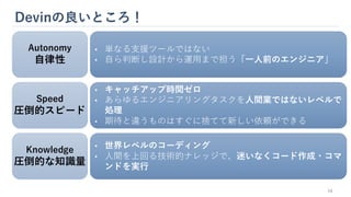Devinの良いところ！
14
Autonomy
自律性
• 単なる支援ツールではない
• 自ら判断し設計から運用まで担う「一人前のエンジニア」
Speed
圧倒的スピード
• キャッチアップ時間ゼロ
• あらゆるエンジニアリングタスクを人間業ではないレベルで
処理
• 期待と違うものはすぐに捨てて新しい依頼ができる
Knowledge
圧倒的な知識量
• 世界レベルのコーディング
• 人間を上回る技術的ナレッジで、迷いなくコード作成・コマ
ンドを実行
 