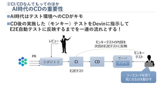 ②CI/CDなんてもってのほか
AI時代のCDの重要性
◼AI時代はテスト環境へのCDがキモ
◼CD後の実施した（モンキー）テストをDevinに指示して
E2E自動テストに反映するまでを一連の流れとする！
リポジトリ
PR
CI CD
サーバ
アプリ
レビュー
モンキー
テスト
E2Eテスト
モンキーテストの内容を
次回のE2Eテストに反映
ソースコードを見て
気になる点を動かす
 