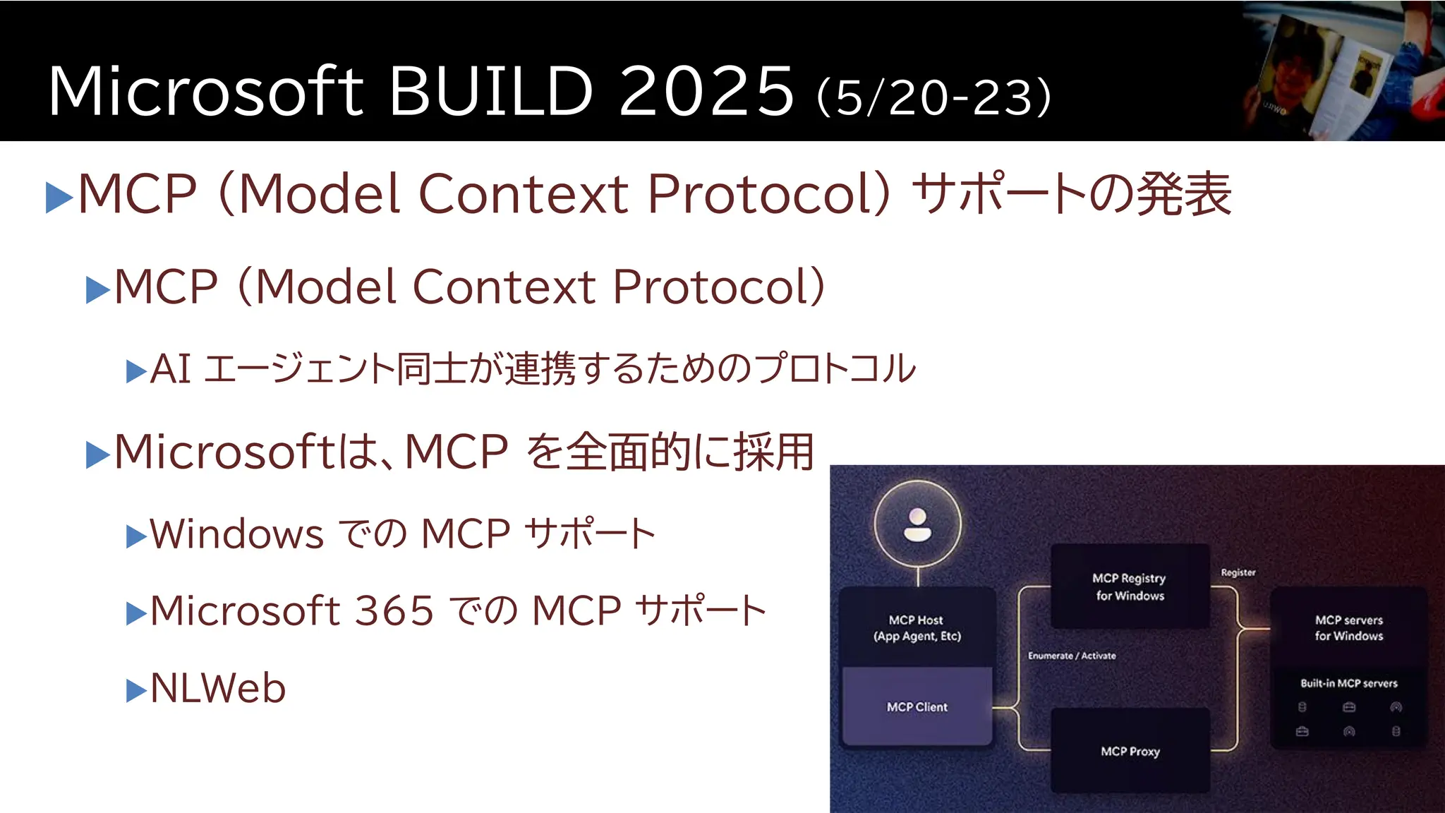 MCP (Model Context Protocol) サポートの発表
MCP （Model Context Protocol）
AI エージェント同士が連携するためのプロトコル
Microsoftは、MCP を全面的に採用
Windows での MCP サポート
Microsoft 365 での MCP サポート
NLWeb
Microsoft BUILD 2025 (5/20-23)
9
 