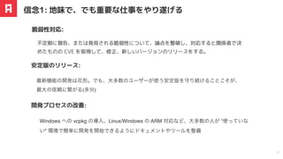 信念1: 地味で、でも重要な仕事をやり遂げる
21
最新機能の開発は花形。でも、
⼤
多数のユーザーが使う安定版を守り続けることこそが、
最
⼤
の信頼に繋がる(多分)
安定版のリリース:
不定期に報告、または発見される脆弱性について、論点を整頓し、対応すると関係者で決
めたものの CVE を取得して、修正、新しいバージョンのリリースをする。
脆弱性対応:
Windows への vcpkg の導入、Linux/Windows の ARM 対応など、大多数の人が "使っていな
い" 環境で簡単に開発を開始できるようにドキュメントやツールを整備
開発プロセスの改善:
 