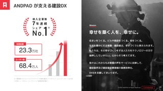 © 2025 ANDPAD All Rights Reserved. Confidential 28
※『建設業マネジメントクラウドサービス市場の動向とベンダシェア（ミックITリポート2024年
12月号）』（デロイト トーマツ ミック経済研究所調べ）
ANDPAD が支える建設DX
幸せを築く人を、幸せに。
住まいをつくる。ビルや施設をつくる。街をつくる。
生活を豊かにする建築・建設業は、幸せづくりと例えられます。
私たちは、その幸せづくりをする人たちをテクノロジーの力で
後押ししていきたい。心からそう考えてます。
我々はこれからもお客様の声をサービスに反映して、
建設業界及び建設業従事者様の業務効率化、
DX化を支援してまいります。
Mission
利用社数
23.3万社
ユーザー数
68.4万人
 