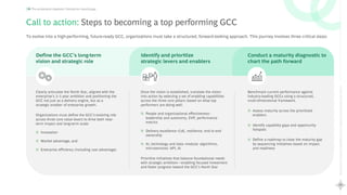 44
Rewriting
the
Global
Capability
Center
playbook
Scaling
Maturity
with
AI
The acceleration playbook: Closing the maturity gap
Call to action: Steps to becoming a top performing GCC
To evolve into a high-performing, future-ready GCC, organizations must take a structured, forward-looking approach. This journey involves three critical steps:
Clearly articulate the North Star, aligned with the
enterprise’s 3–5 year ambition and positioning the
GCC not just as a delivery engine, but as a
strategic enabler of enterprise growth.
Organizations must define the GCC’s evolving role
across three core value levers to drive both near-
term impact and long-term scale:
● Innovation
● Market advantage, and
● Enterprise efficiency (including cost advantage)
Once the vision is established, translate the vision
into action by selecting a set of enabling capabilities
across the three core pillars–based on what top
performers are doing well:
● People and organizational effectiveness–
leadership and autonomy, EVP, performance
metrics
● Delivery excellence–CoE, resilience, end to end
ownership
● AI, technology and data–modular algorithms,
microservices/ API, AI
Prioritize initiatives that balance foundational needs
with strategic ambition—enabling focused investment
and faster progress toward the GCC’s North Star
Benchmark current performance against
industry-leading GCCs using a structured,
multi-dimensional framework.
● Assess maturity across the prioritized
enablers
● Identify capability gaps and opportunity
hotspots
● Define a roadmap to close the maturity gap
by sequencing initiatives based on impact
and readiness
Conduct a maturity diagnostic to
chart the path forward
Identify and prioritize
strategic levers and enablers
Define the GCC’s long-term
vision and strategic role
 