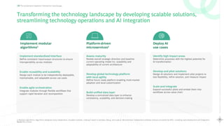 48
Rewriting
the
Global
Capability
Center
playbook
Scaling
Maturity
with
AI
The acceleration playbook: Closing the maturity gap
Transforming the technology landscape by developing scalable solutions,
streamlining technology operations and AI integration
Platform-driven
microservices2
Assess maturity
Review overall strategic direction and baseline
current operating model inc. scalability and
adaptability of current architecture
Develop global technology platform
with local agility
Define future ready platform enabling multi-market
adoption and local customization
Build unified data layer
Develop a centralized data layer to enhance
consistency, scalability, and decision-making
Implement modular
algorithms1
Implement standardized interface
Define consistent input/output structures to ensure
interoperability across modules
Enable reusability and scalability
Design each module to be independently deployable,
maintainable, and adaptable across use cases
Enable agile orchestration
Integrate modules through flexible workflows that
support rapid iteration and recomposition
Deploy AI
use cases
Identify high impact areas
Determine processes with the highest potential for
AI transformation
Develop and pilot solutions
Design AI solutions and implement pilot projects to
test feasibility, refine solution, and measure impact
Scale and Integrate
Expand successful pilots and embed them into
workflows across value chain
1. Modular algorithms: Algorithms designed using independent, reusable modules, making it easier to develop, debug, and scale 2. Microservices: Independent software services connected by APIs—enabling rapid deployment and integration
Source: BCG Analysis
 