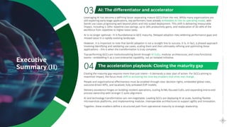 Rewriting
the
Global
Capability
Center
playbook
Scaling
Maturity
with
AI
6
Leveraging AI has become a defining factor separating mature GCCs from the rest. While many organizations are
still exploring early-stage applications, top-performers have already embedded AI into its operating model, with
GenAI use cases progressing well beyond pilots and into scaled deployment. This shift is delivering measurable
impact, including 5–10%+ baseline cost savings, up to 30% productivity gains, and reallocation of 30–40% of the
workforce from repetitive to higher-value tasks.
AI is no longer optional—it is foundational to GCC maturity. Delayed adoption risks widening performance gaps and
missed value in a rapidly evolving landscape.
However, it is important to note that GenAI adoption is not a straight line to success. It is, in fact, a phased approach
involving identifying and validating use cases, scaling them and then ultimately refining and optimizing these
applications – this is when the transformation is truly complete.
Top-performing GCCs are institutionalizing GenAI through AI CoEs, modular architectures, and cross-functional
teams—embedding it as a core enterprise capability, not an isolated initiative.
Closing the maturity gap requires more than just intent—it demands a clear plan of action. For GCCs aiming to
maximize impact, the focus must shift to activating the nine key enablers that drive real change.
People and organizational effectiveness must be enabled through clear decision rights, embedded global roles,
outcome-driven KPIs, and localized, fully activated EVP models.
Delivery excellence hinges on building resilient operations, scaling AI/ML-focused CoEs, and expanding end-to-end
process ownership with stronger C-suite alignment.
AI and technology transformation are non-negotiable. Leading GCCs are deploying AI at scale, building flexible
microservices platforms, and implementing modular, interoperable architectures to support agility and innovation.
Together, these enablers define a structured path from operational maturity to strategic leadership.
The acceleration playbook: Closing the maturity gap
04
Executive
Summary (II)
03 AI: The differentiator and accelerator
 