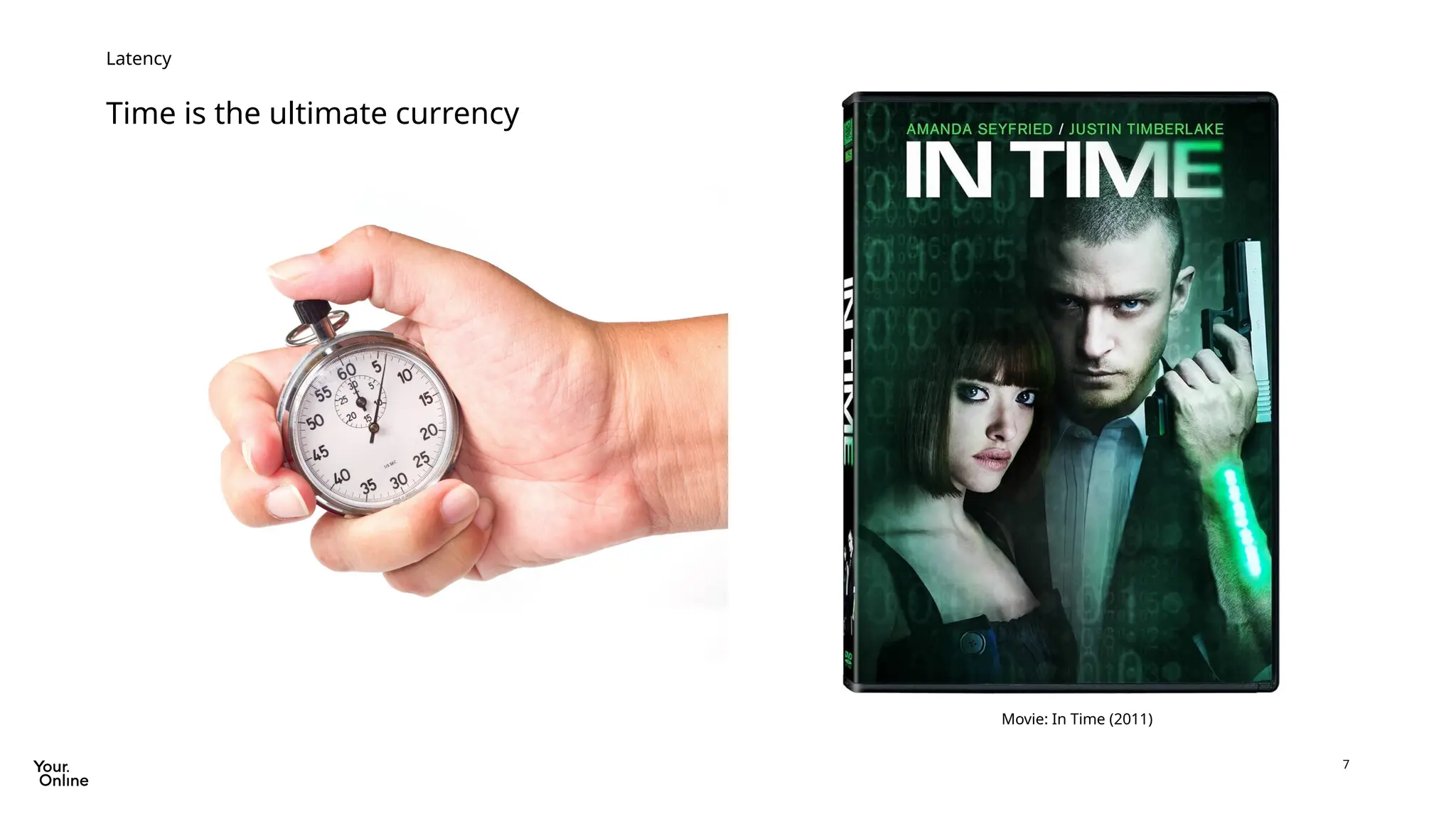 7
Time is the ultimate currency
Latency
Movie: In Time (2011)
 