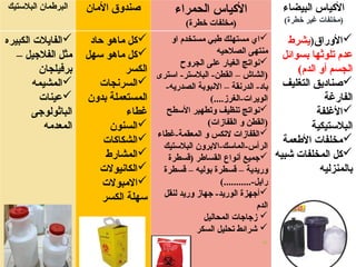 ‫البالستيك‬ ‫البرطمان‬ ‫األمان‬ ‫صندوق‬ ‫الحمراء‬ ‫األكياس‬
)‫خطرة‬ ‫(مخلفات‬
‫البيضاء‬ ‫األكياس‬
)‫خطرة‬ ‫غير‬ ‫(مخلفات‬

‫الكبيره‬ ‫الفايالت‬
– ‫الفالجيل‬ ‫مثل‬
‫برفيلجان‬

‫المشيمه‬

‫عينات‬
‫الباثولوجى‬
‫المعدمه‬

‫حاد‬ ‫ماهو‬ ‫كل‬

‫سهل‬ ‫ماهو‬ ‫كل‬
‫الكسر‬

‫السرنجات‬
‫بدون‬ ‫المستعملة‬
‫غطاء‬

‫السنون‬

‫الشكاكات‬

‫المشارط‬

‫الكانيوالت‬

‫االمبوالت‬
‫الكسر‬ ‫سهلة‬

‫او‬ ‫مستخدم‬ ‫طبي‬ ‫مستهلك‬ ‫اي‬
‫الصالحيه‬ ‫منتهى‬

‫الجروح‬ ‫على‬ ‫الغيار‬ ‫نواتج‬
‫استرى‬ -‫البالستر‬ -‫القطن‬ – ‫(الشاش‬
-‫الصدريه‬ ‫االنبوبة‬ – ‫الدرنقة‬ -‫باد‬
)....‫الغرز‬-‫الويرات‬

‫األسطح‬ ‫وتطهير‬ ‫تنظيف‬ ‫نواتج‬
)‫القفازات‬ ‫و‬ ‫(القطن‬

‫غطاء‬-‫المعقمة‬ ‫و‬ ‫التكس‬ ‫القفازات‬
‫البالستيك‬ ‫االبرون‬-‫الماسك‬-‫الرأس‬

‫(قسطرة‬ ‫القساطر‬ ‫أنواع‬ ‫جميع‬
‫قسطرة‬ – ‫بوليه‬ ‫قسطرة‬ – ‫وريدية‬
)...........-‫رايل‬

‫لنقل‬ ‫وريد‬ ‫جهاز‬ -‫الوريد‬ ‫أجهزة‬
‫الدم‬

‫المحاليل‬ ‫زجاجات‬

‫السكر‬ ‫تحليل‬ ‫شرائط‬

‫األوراق‬
(
‫يشرط‬
‫بسوائل‬ ‫تلوثها‬ ‫عدم‬
)‫الدم‬ ‫أو‬ ‫الجسم‬

‫التغليف‬ ‫صناديق‬
‫الفارغة‬

‫األغلفة‬
‫البالستيكية‬

‫األطعمة‬ ‫مخلفات‬

‫شبيه‬ ‫المخلفات‬ ‫كل‬
‫بالمنزليه‬
40
 